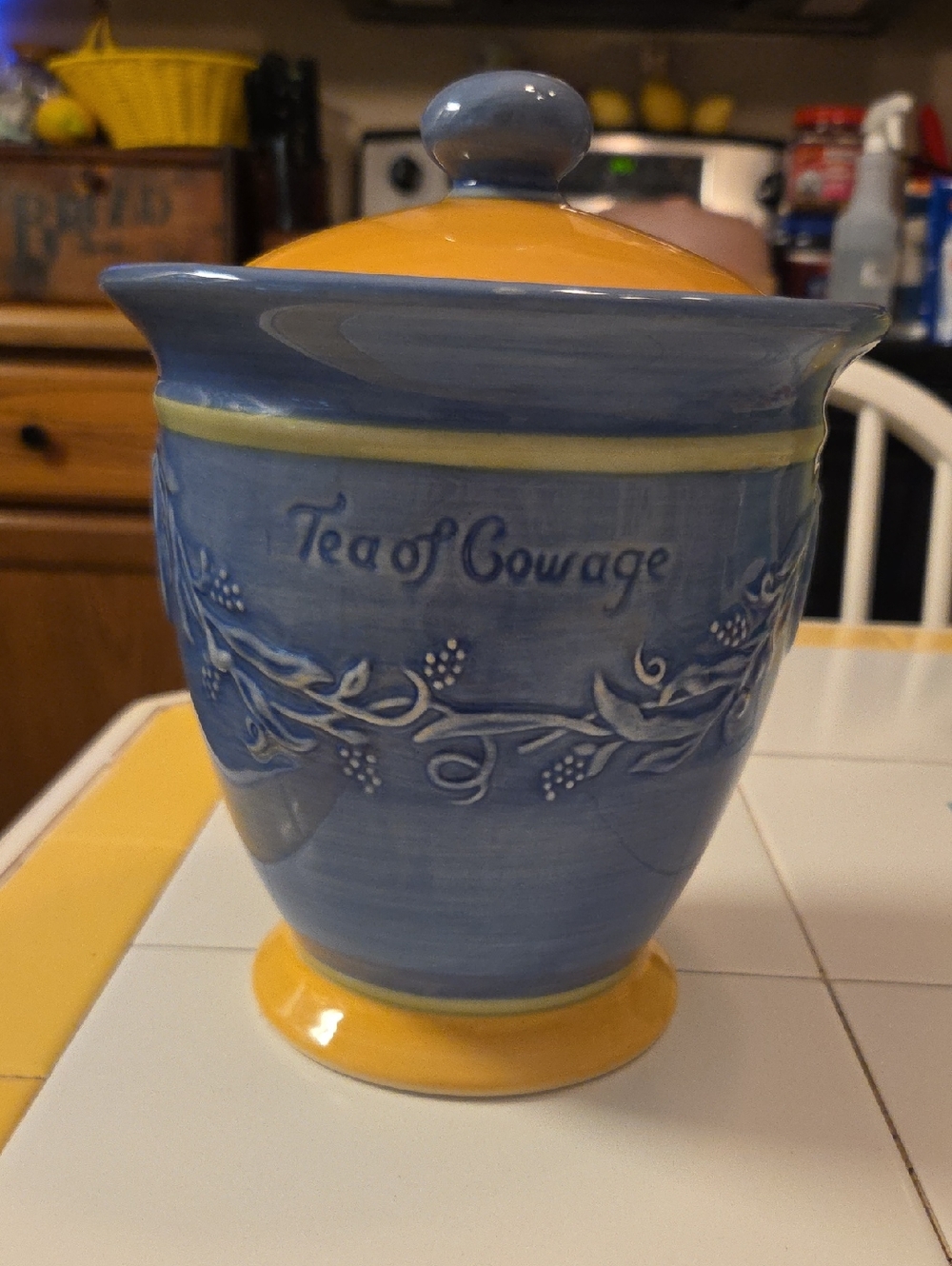 Pfaltzgraff Pistoulet Blue and Yellow 'Tea of Courage' Ceramic Canister